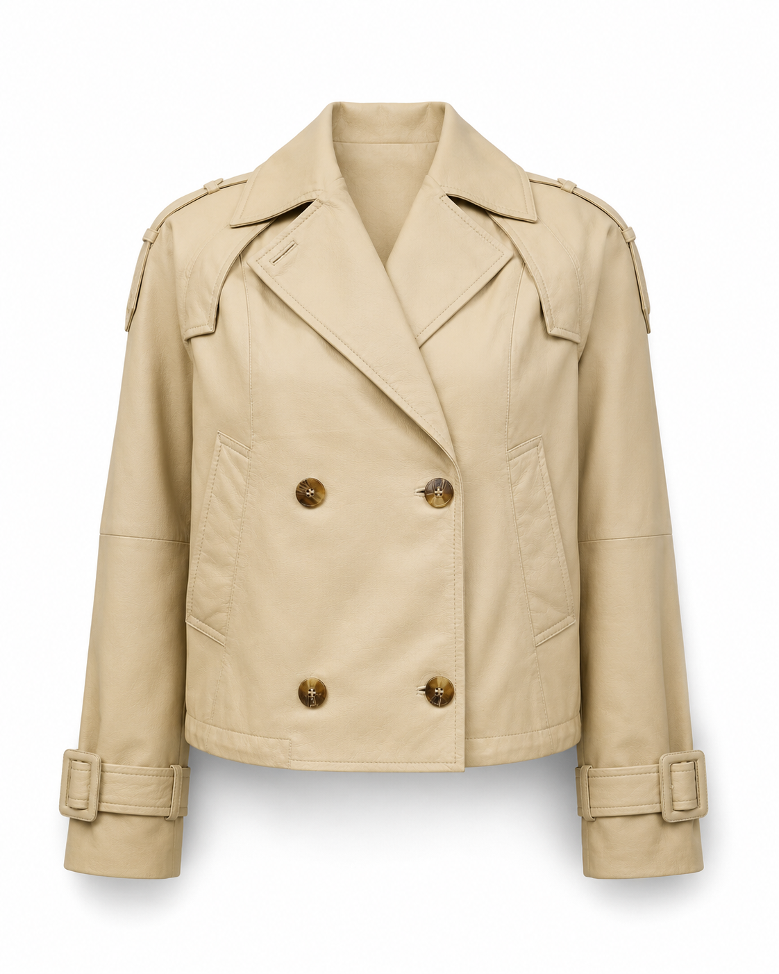 Women’s Cropped Leather Trench Jacket with Belted Cuffs