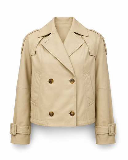 Women’s Cropped Leather Trench Jacket with Belted Cuffs