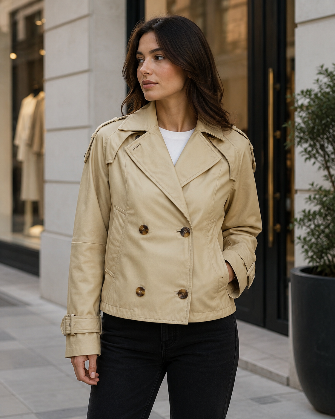 Women’s Cropped Leather Trench Jacket with Belted Cuffs