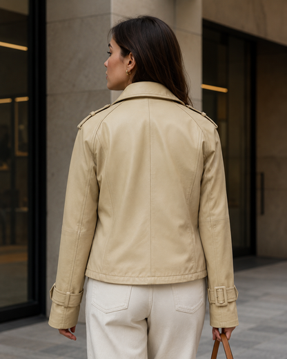 Women’s Cropped Leather Trench Jacket with Belted Cuffs
