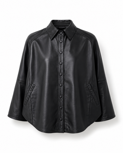 Women’s Leather Cape Jacket with Snap Button Front