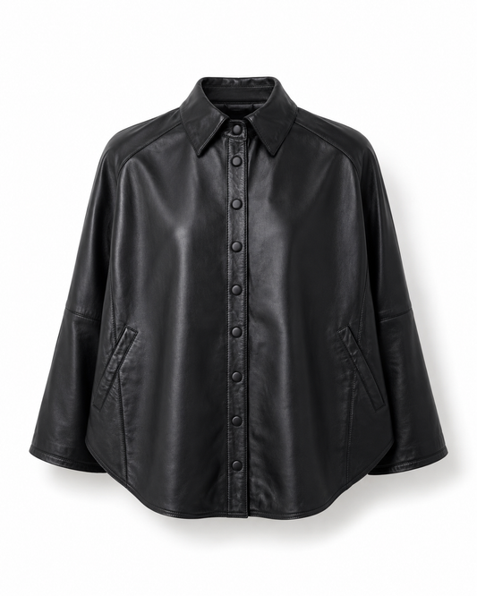 Women’s Leather Cape Jacket with Snap Button Front