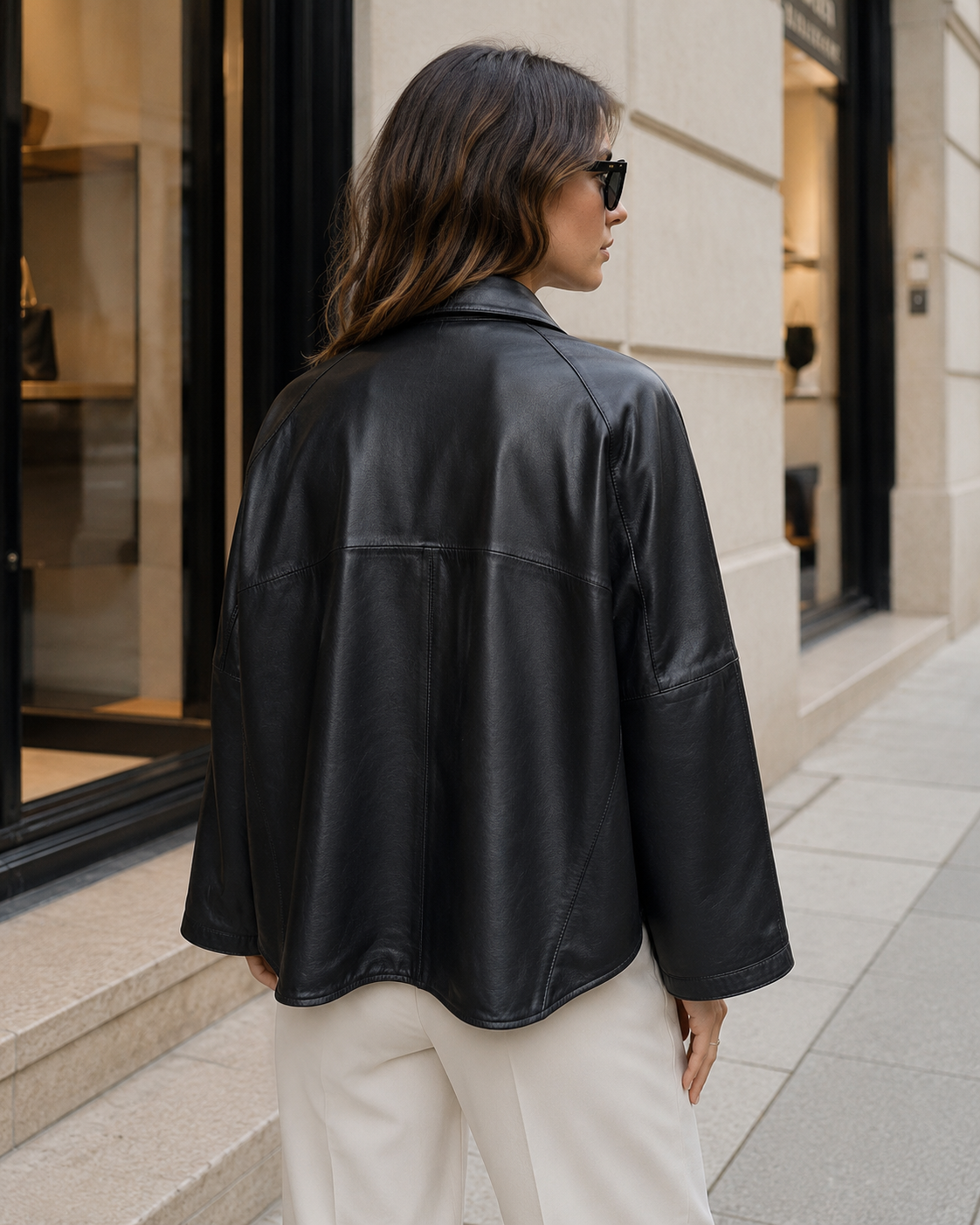 Women’s Leather Cape Jacket with Snap Button Front