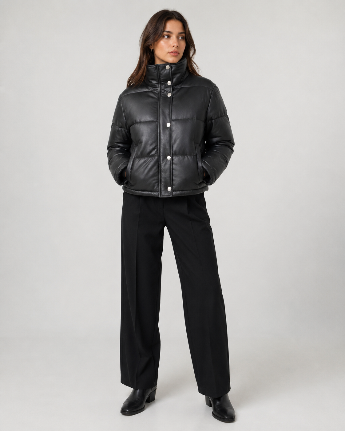 Women’s Leather Puffer Jacket with High Stand Collar - image 4