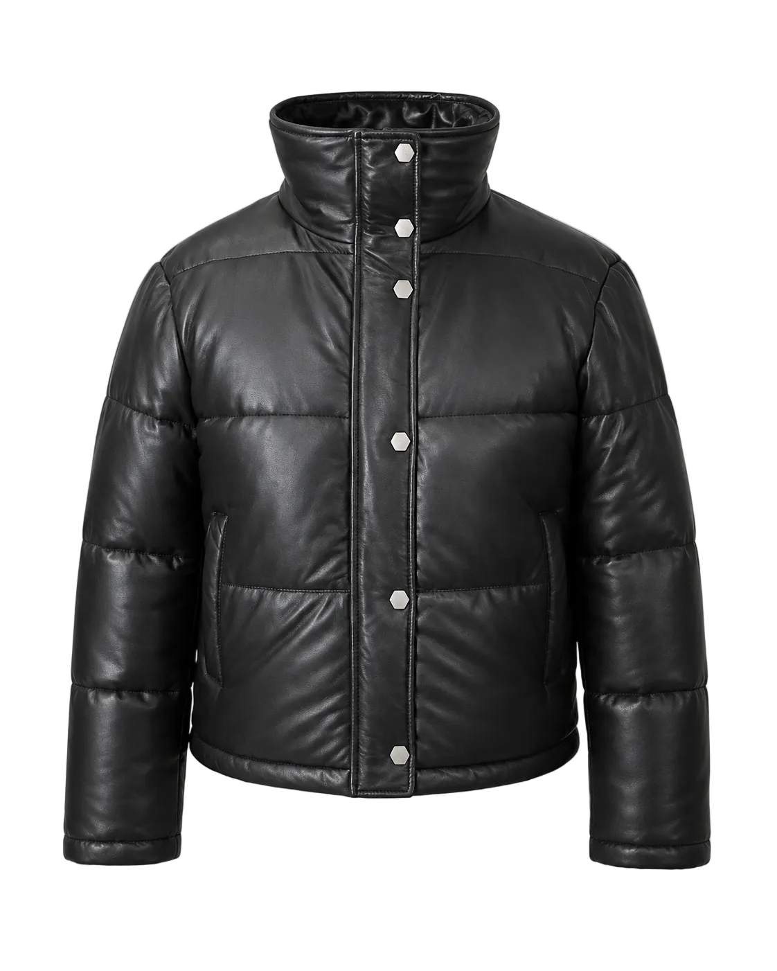 Women’s Leather Puffer Jacket with High Stand Collar - image 1