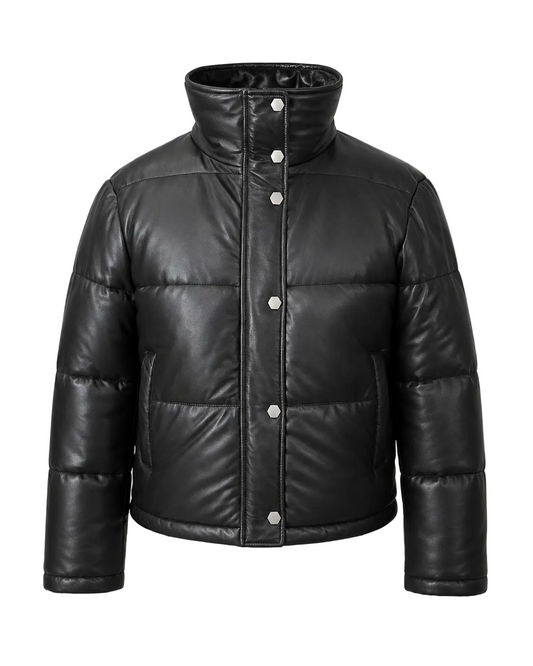 Women’s Leather Puffer Jacket with High Stand Collar - image 1