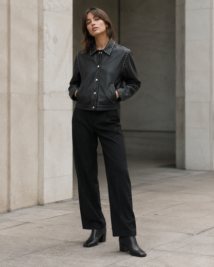Women’s Black Studded Sheep Nappa Leather Jacket