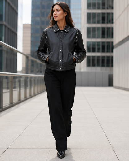 Women’s Black Studded Sheep Nappa Leather Jacket