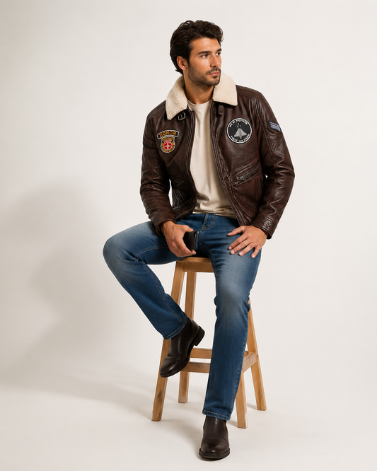 Men’s Vintage Leather Aviator Bomber Jacket with Faux Fur Collar