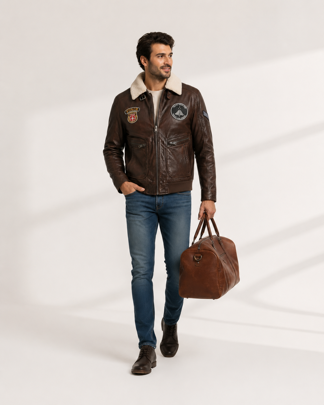 Men’s Vintage Leather Aviator Bomber Jacket with Faux Fur Collar