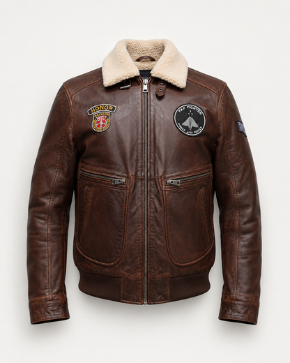 Men’s Vintage Leather Aviator Bomber Jacket with Faux Fur Collar