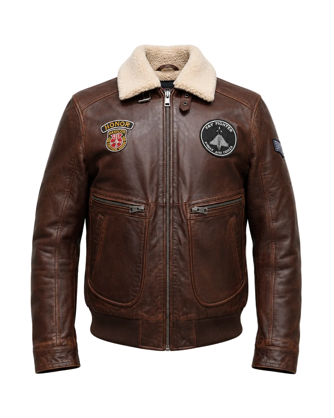 Men’s Vintage Leather Aviator Bomber Jacket with Faux Fur Collar