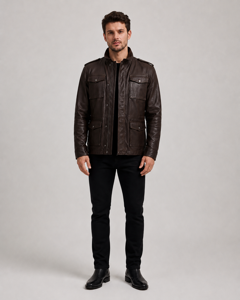 Men's Leather Utility Jacket – Real Sheep Leather Field Jacket with Pockets