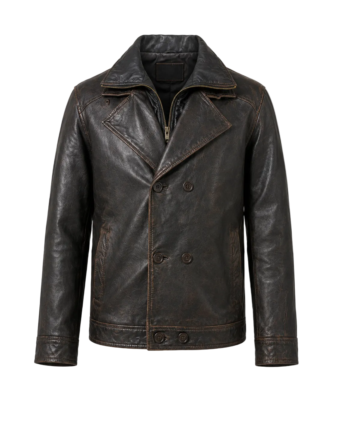 Men’s Distressed Leather Peacoat Jacket