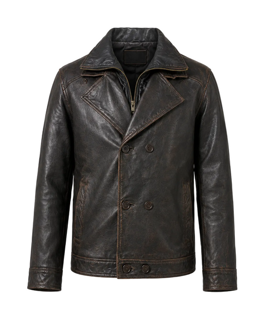 Men’s Distressed Leather Peacoat Jacket