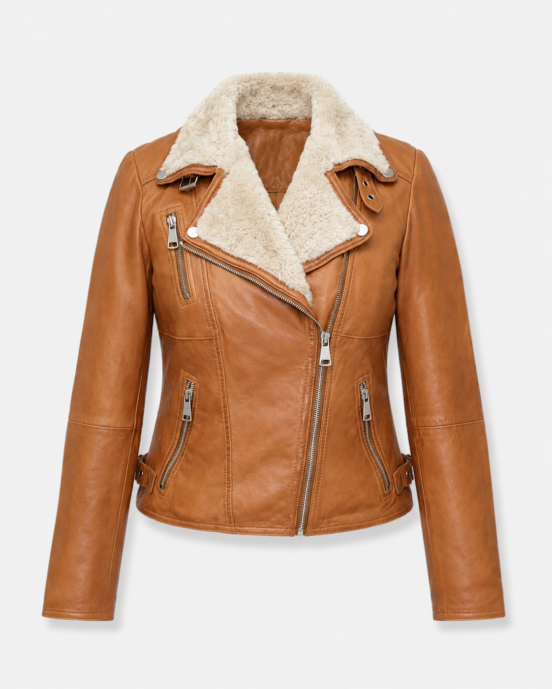 Women’s Shearling-Collar Leather Biker Jacket
