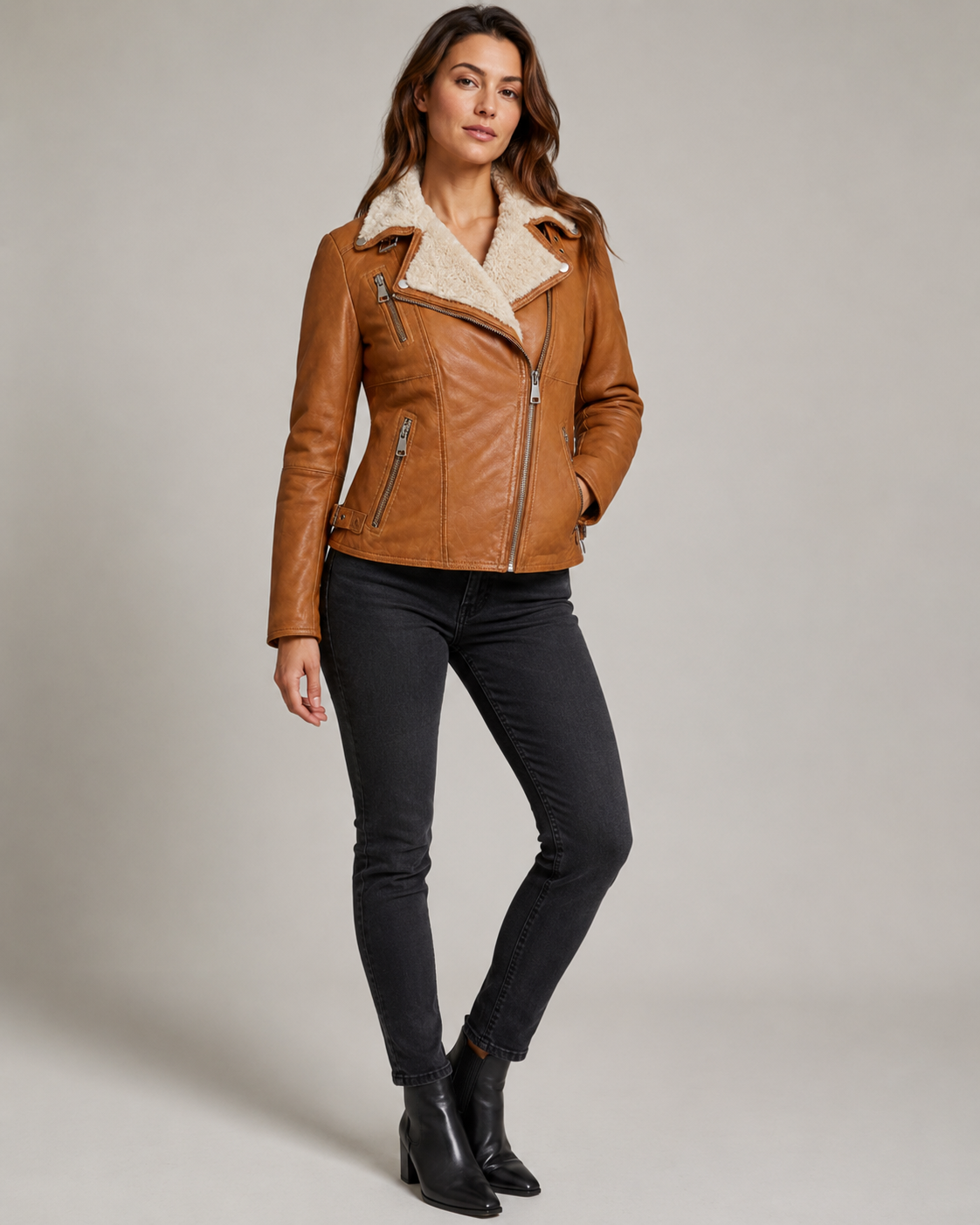 Women’s Shearling-Collar Leather Biker Jacket