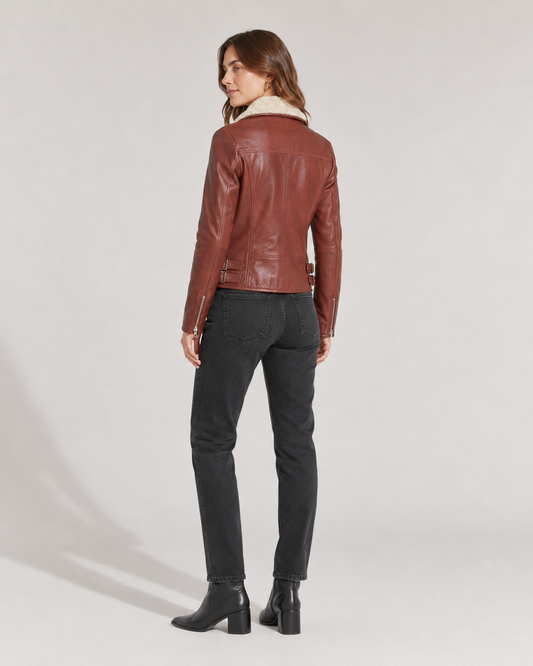 Women’s Shearling-Collar Leather Biker Jacket