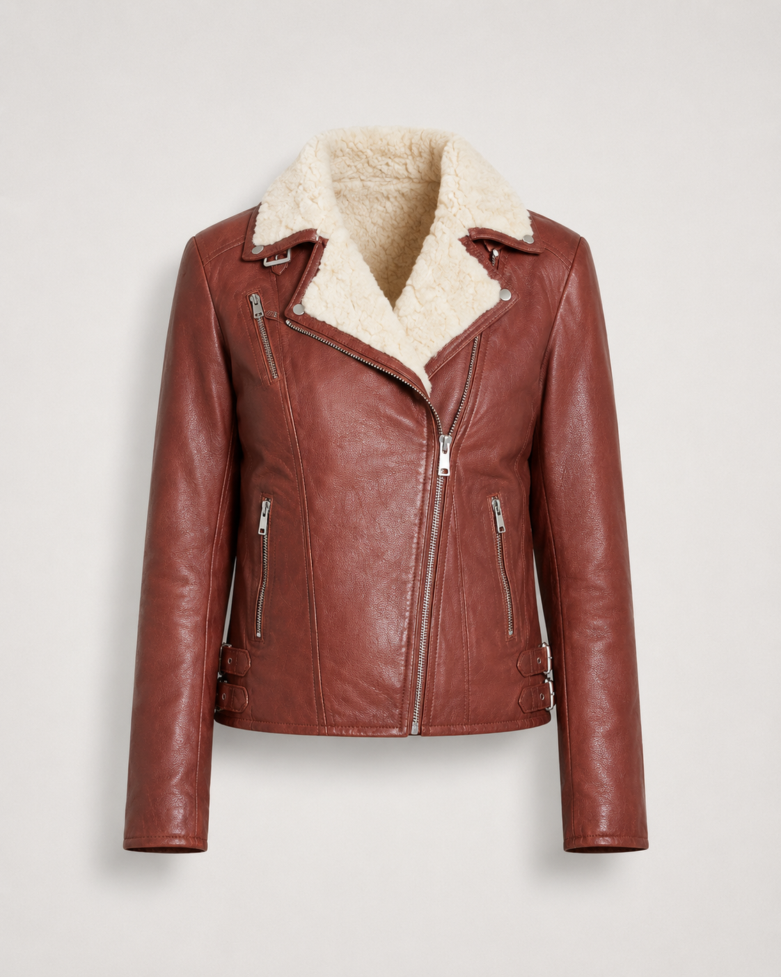 Women’s Shearling-Collar Leather Biker Jacket