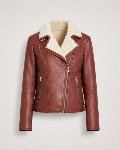 Women’s Shearling-Collar Leather Biker Jacket