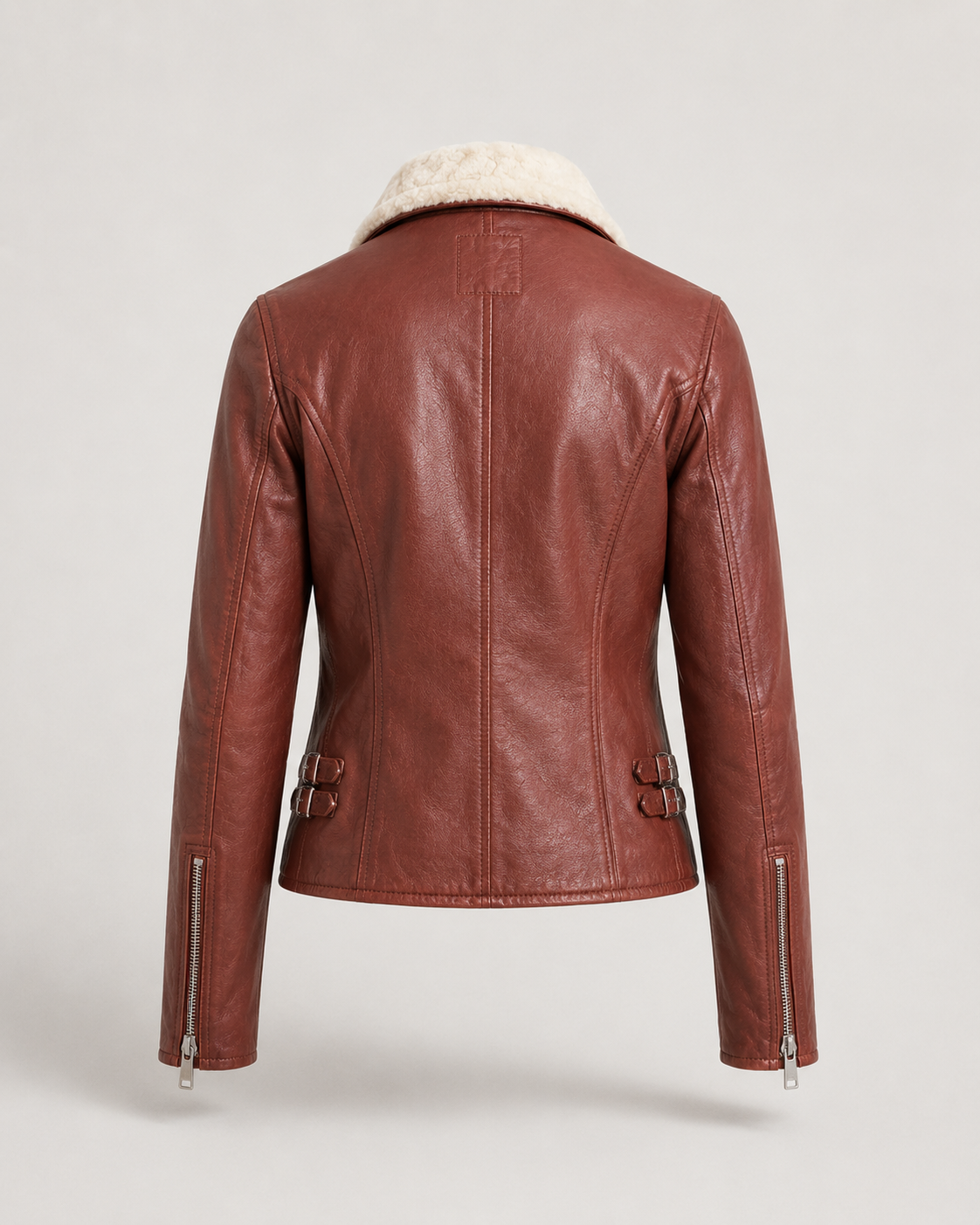 Women’s Shearling-Collar Leather Biker Jacket