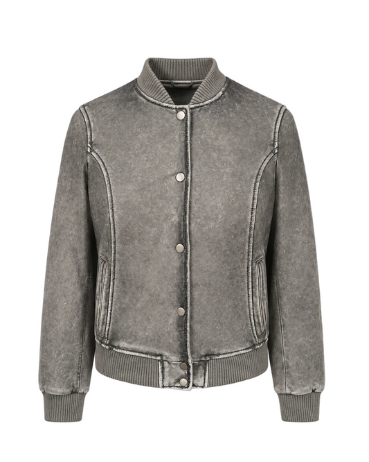 Gray varsity jacket on a white background