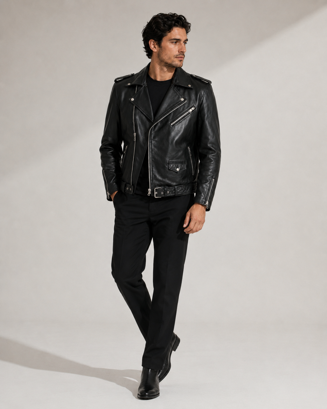 Men’s Sheep Nappa Leather Biker Jacket with Belt
