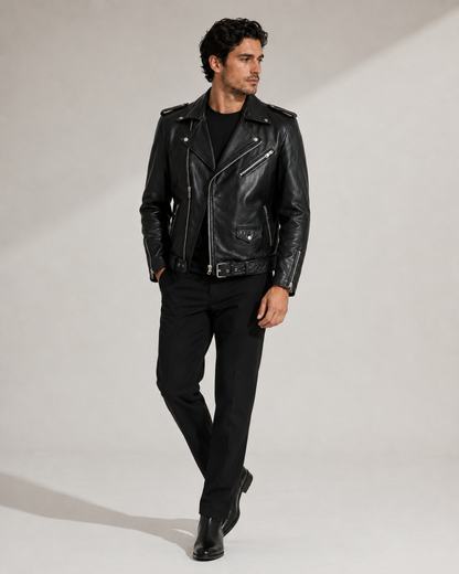 Men’s Sheep Nappa Leather Biker Jacket with Belt