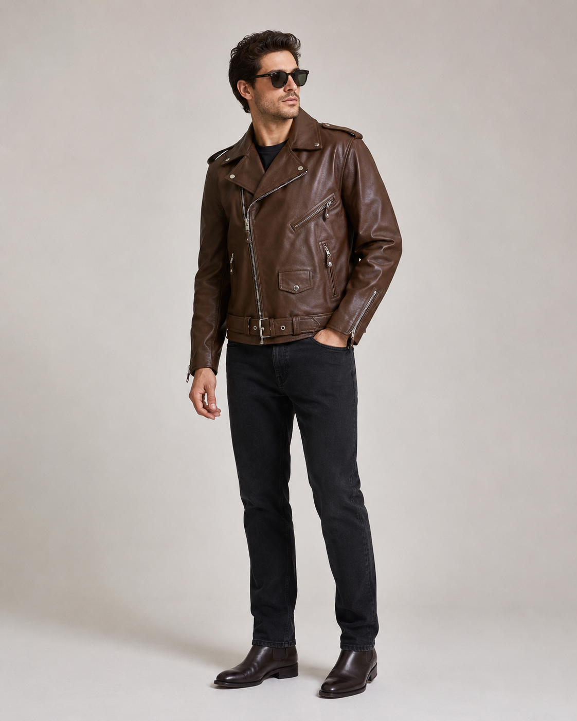 Men’s Buffalo Leather Biker Jacket with Belt