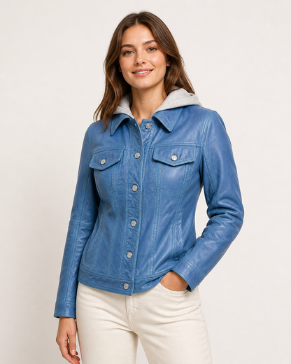 Women’s Hooded Leather Trucker Jacket