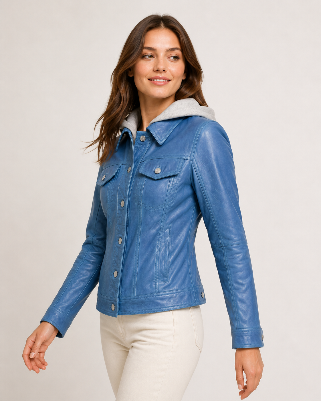 Women’s Hooded Leather Trucker Jacket