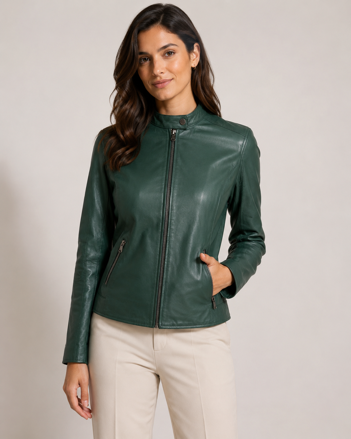 Women’s Slim-Fit Leather Cafe Racer Jacket
