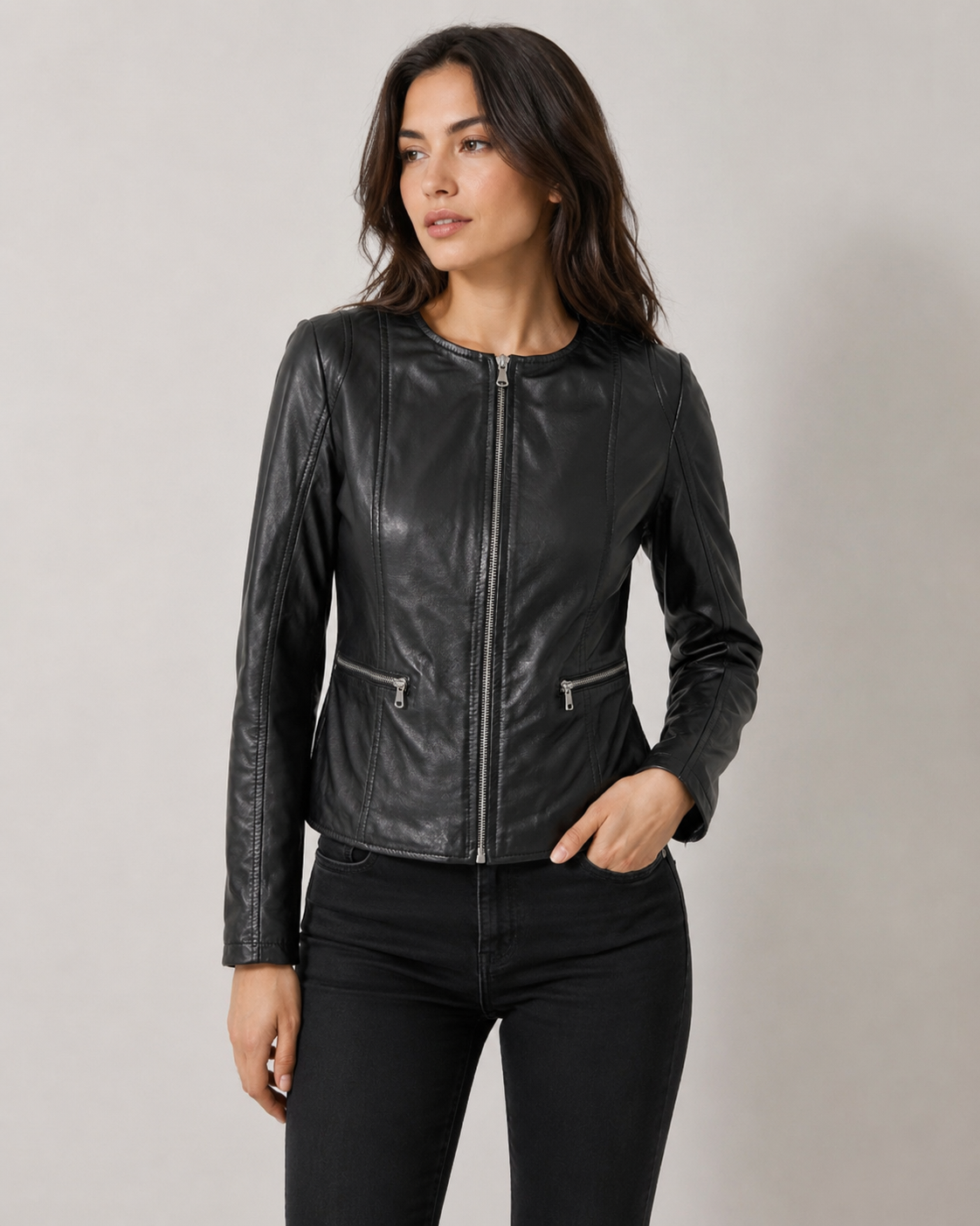 Women’s Collarless Leather Biker Jacket