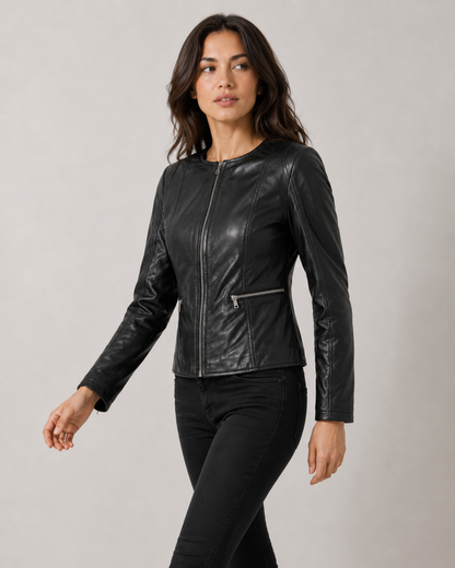 Women’s Collarless Leather Biker Jacket