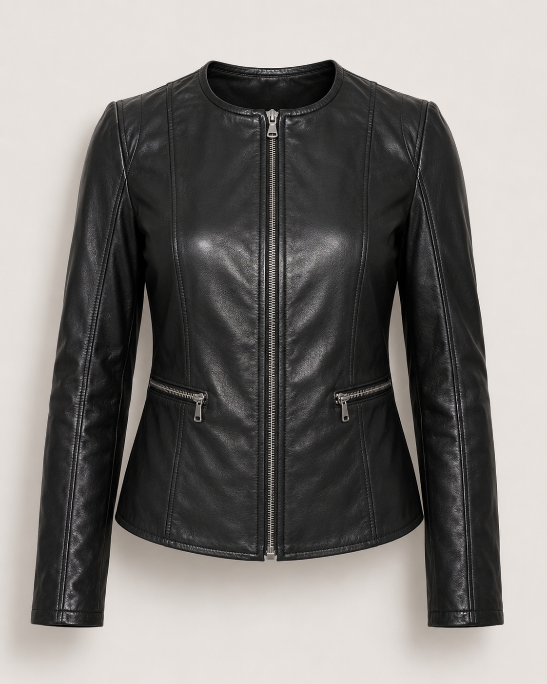 Women’s Collarless Leather Biker Jacket