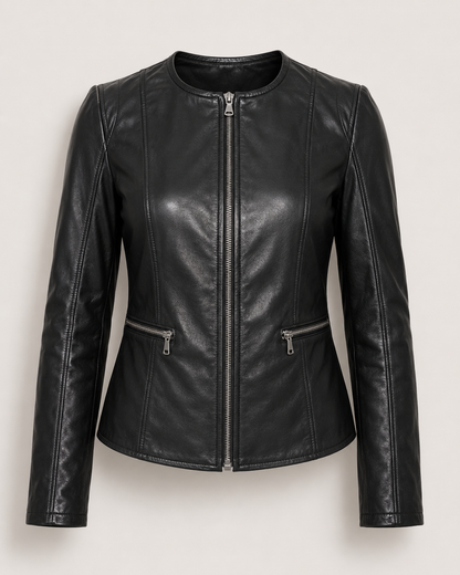 Women’s Collarless Leather Biker Jacket