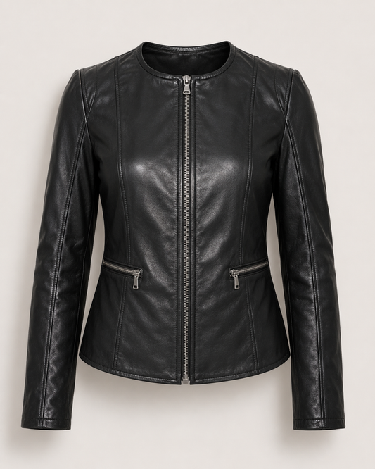 Women’s Collarless Leather Biker Jacket