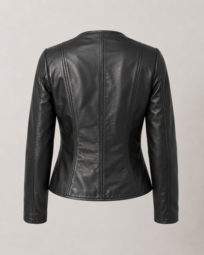 Women’s Collarless Leather Biker Jacket