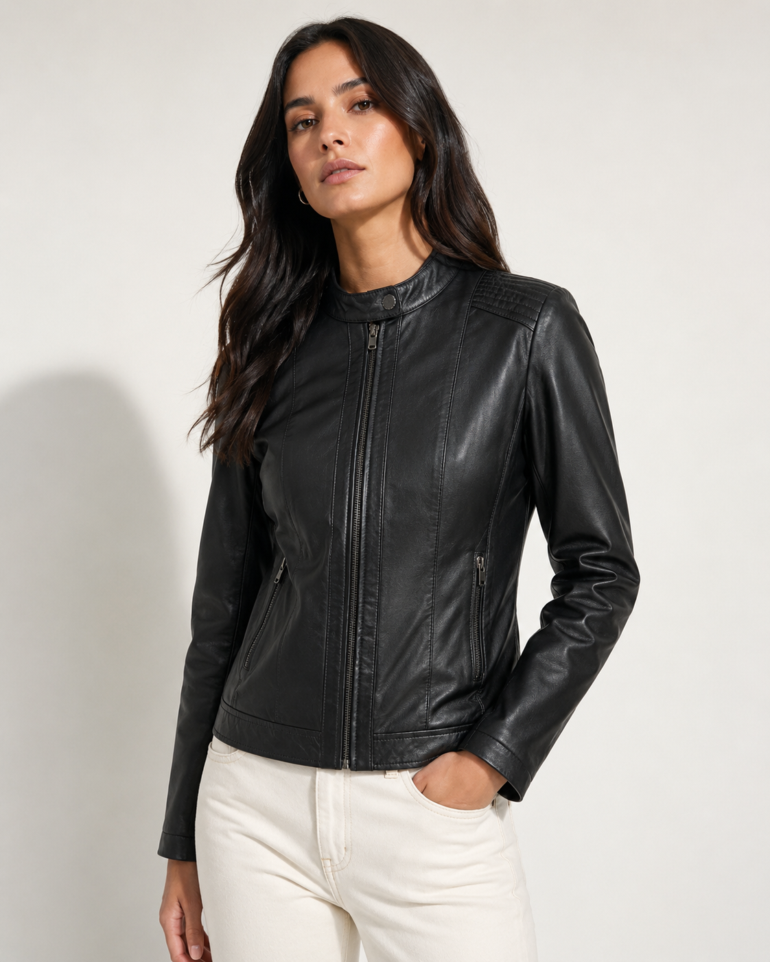 Women’s Classic Zip-Up Leather Jacket with Stand Collar