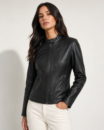 Women’s Classic Zip-Up Leather Jacket with Stand Collar