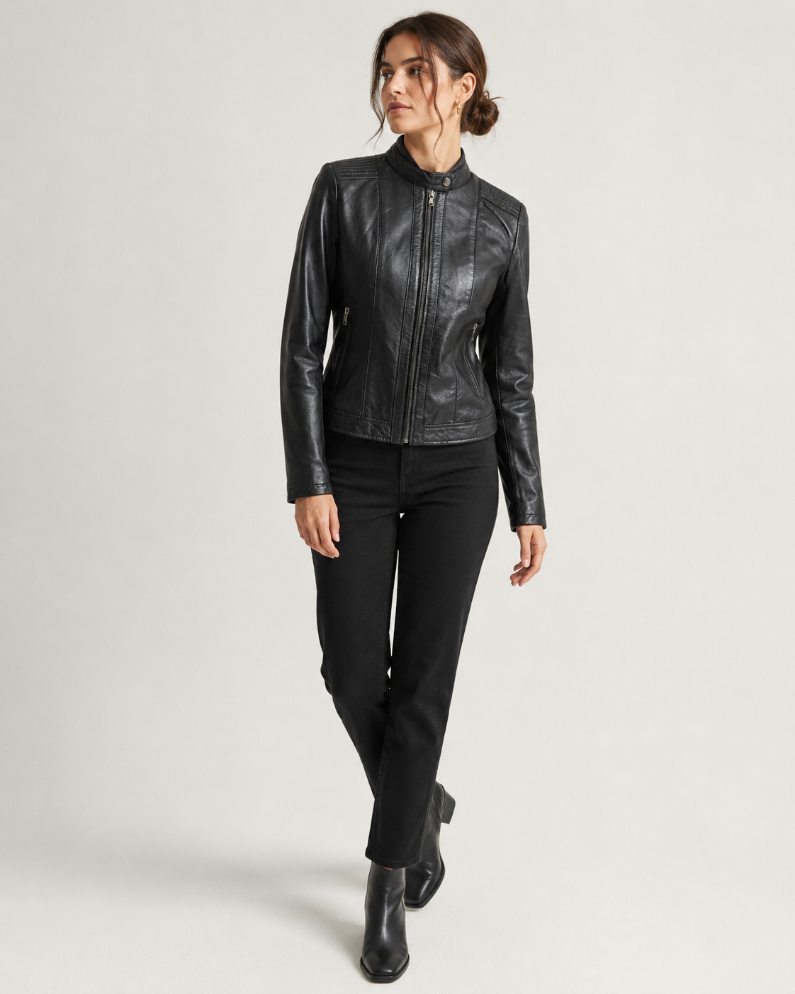 Women’s Classic Zip-Up Leather Jacket with Stand Collar