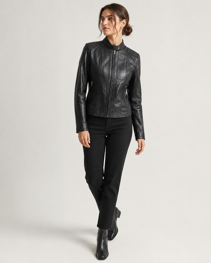 Women’s Classic Zip-Up Leather Jacket with Stand Collar