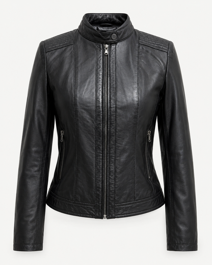 Women’s Classic Zip-Up Leather Jacket with Stand Collar