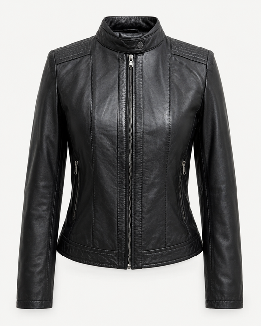 Women’s Classic Zip-Up Leather Jacket with Stand Collar