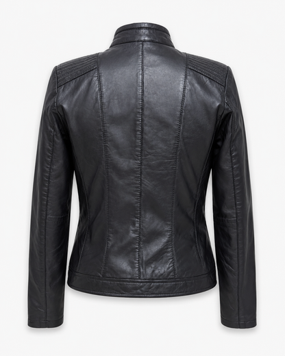 Women’s Classic Zip-Up Leather Jacket with Stand Collar