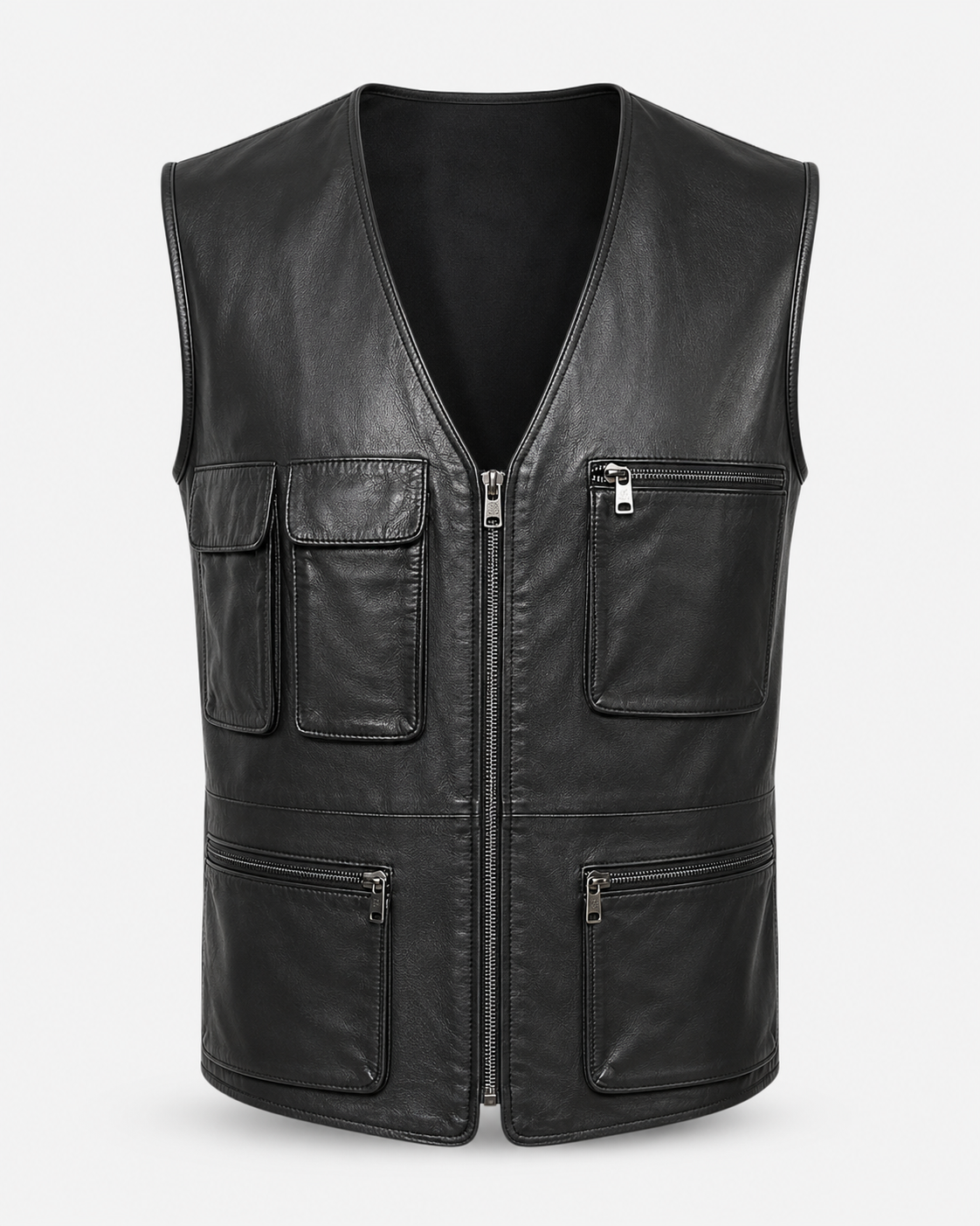 Men’s Sheep Nappa Leather Utility Vest with Zip Pockets