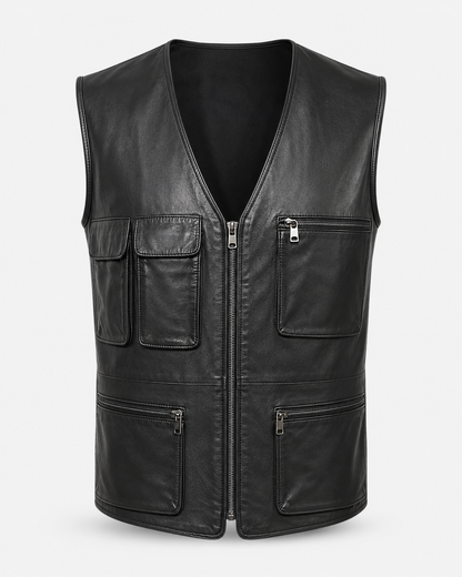 Men’s Sheep Nappa Leather Utility Vest with Zip Pockets