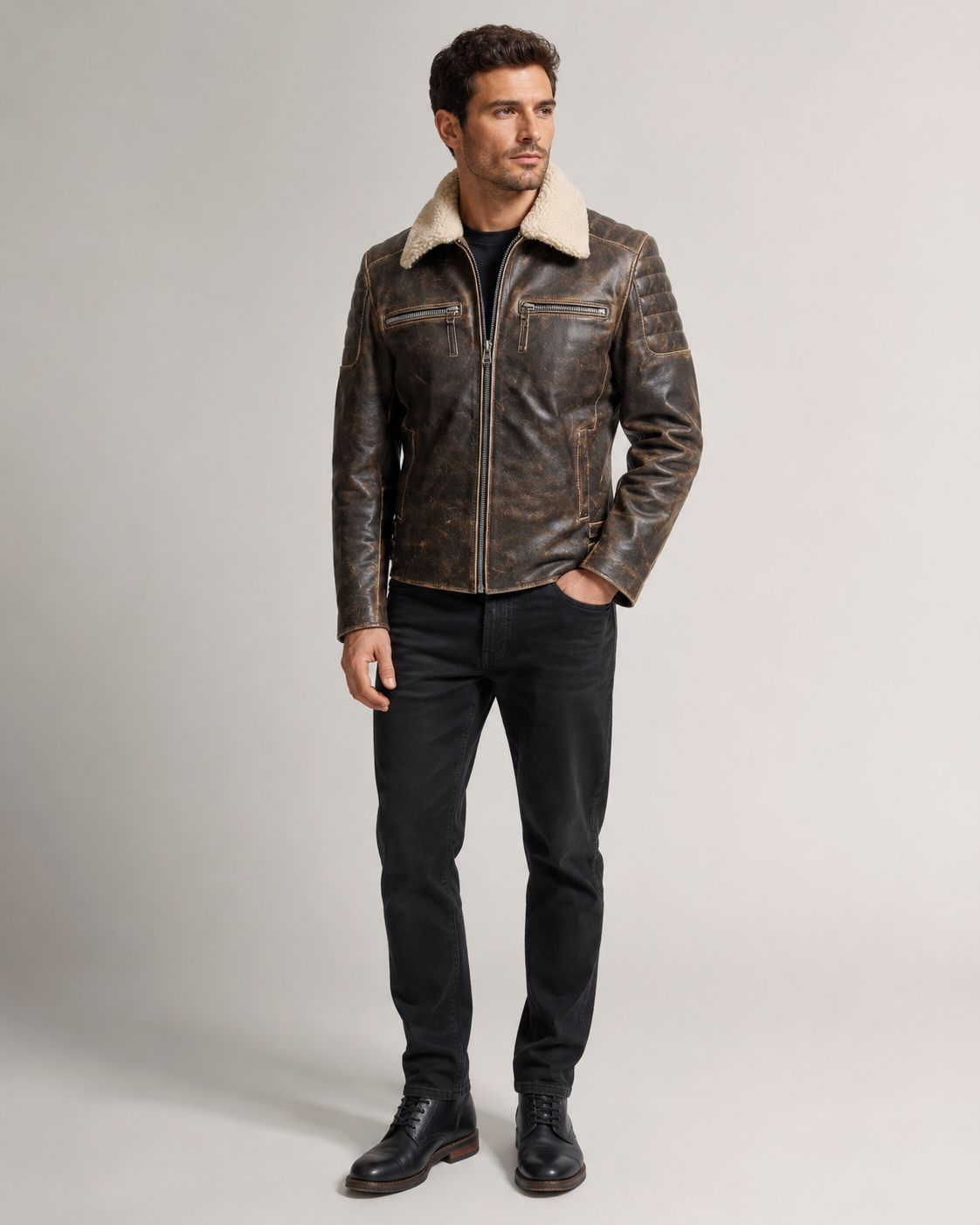 Men’s Distressed Cowhide Leather Jacket with Fur Collar