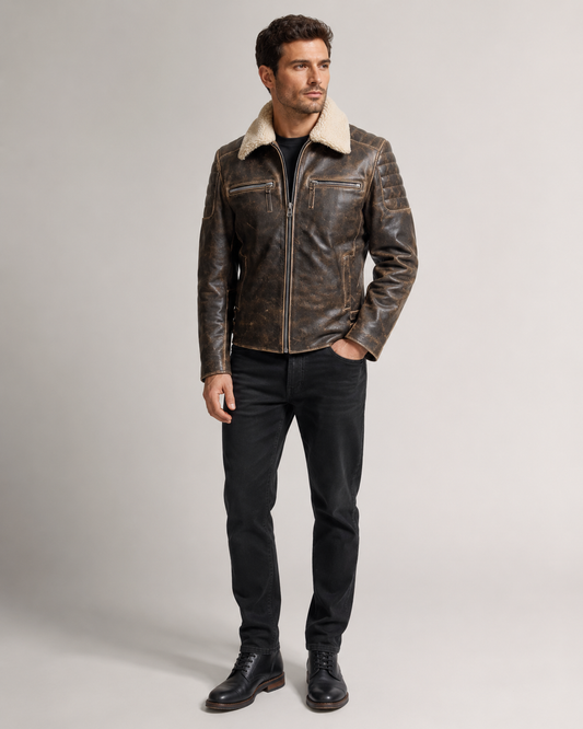 Men’s Distressed Cowhide Leather Jacket with Fur Collar