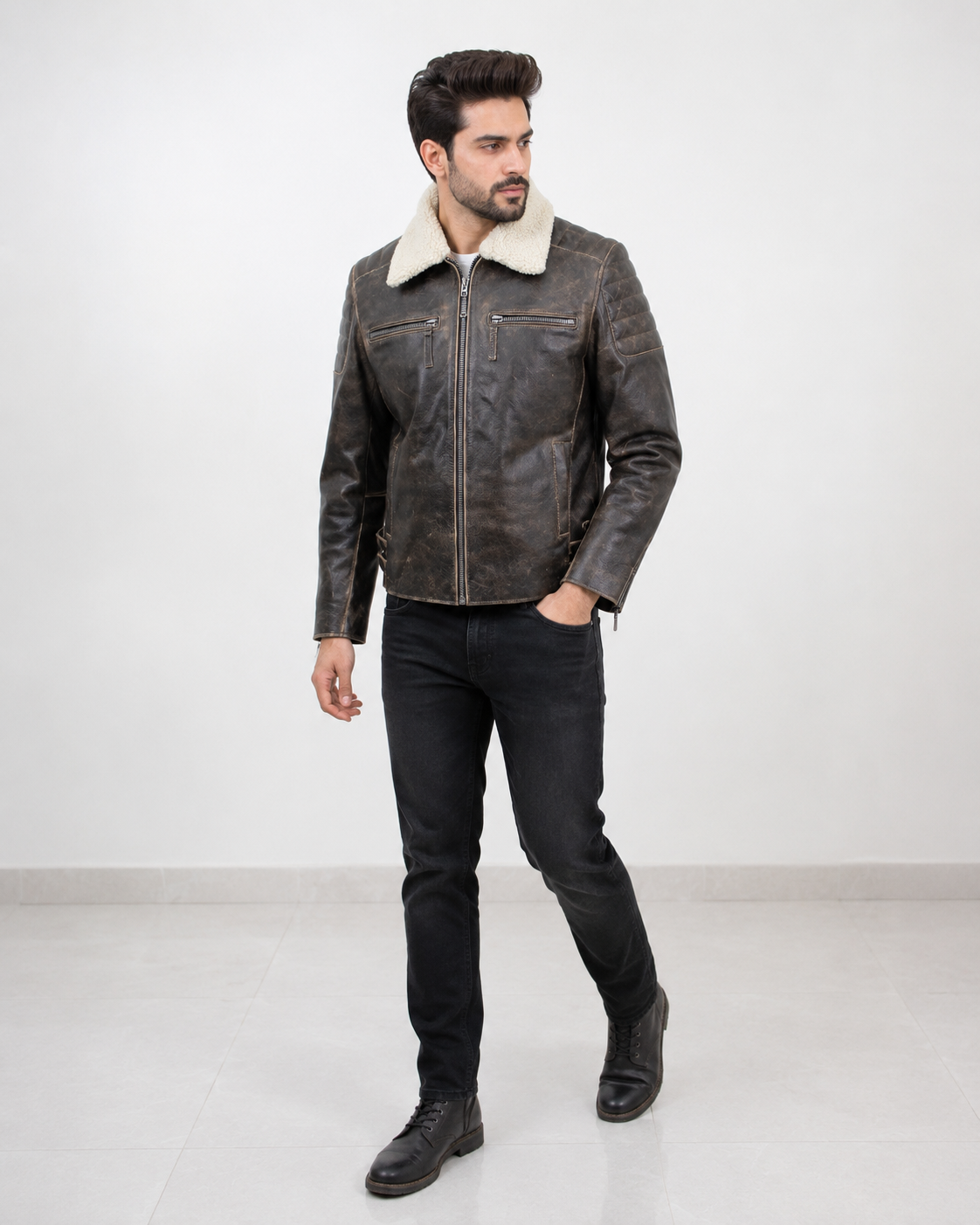 Men’s Distressed Cowhide Leather Jacket with Fur Collar